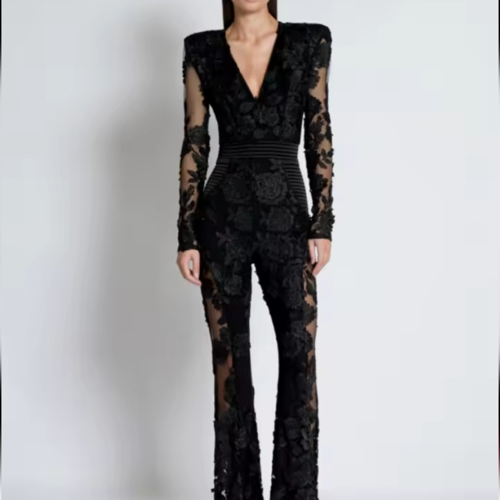 New Sexy Long Sleeve Floral Diamonds EmbroideryJumpsuit Women Black V Neck Mesh - Picture 4 of 9